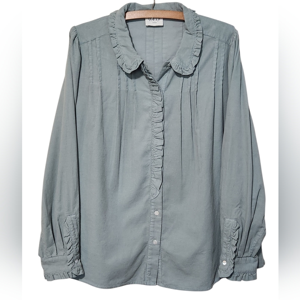 NWT WRAP London Cord Pleated Blouse Dusty Duck Egg Size 10